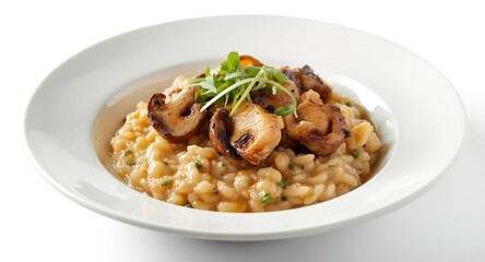 Fototapeta premium Sumptuous chicken and mushroom risotto with leek garnish presented on a white background for fine dining presentations
