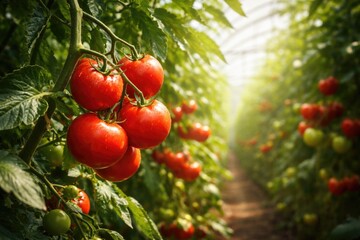 Fototapeta premium Fresh ripe tomatoes hanging on vine in greenhouse with natural lighting and copy space