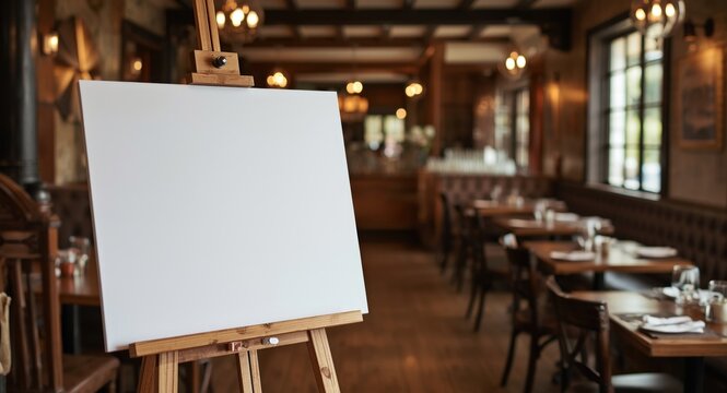 Traditional wood easel with blank canvas placed in rustic restaurant interior