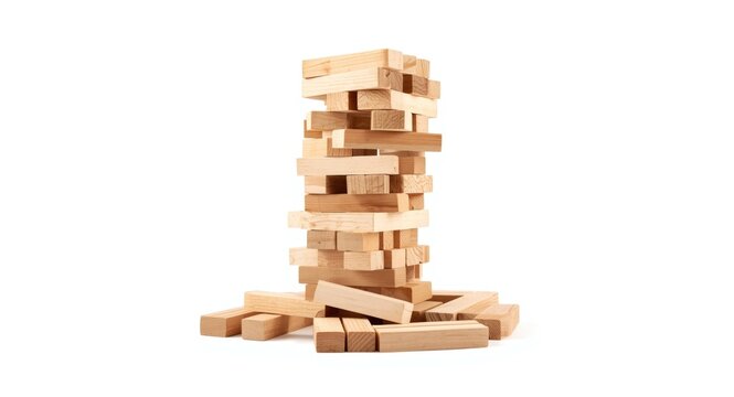 Unstable wood block Jenga tower breaking down on white background