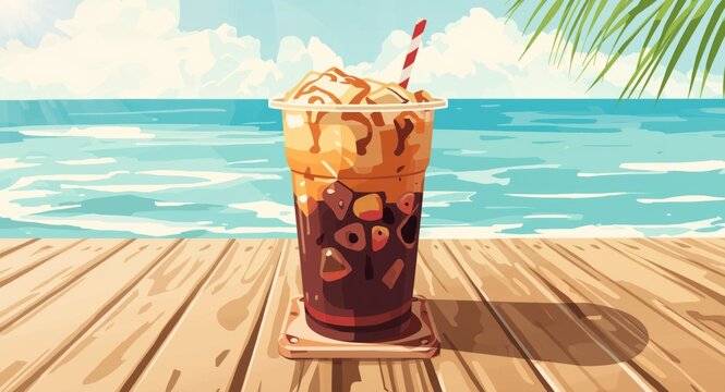 Vector depiction of cool iced coffee cendol with coaster on a summer day