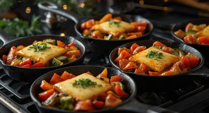 Assorted cooked vegetables topped with melted raclette cheese in individual skillets