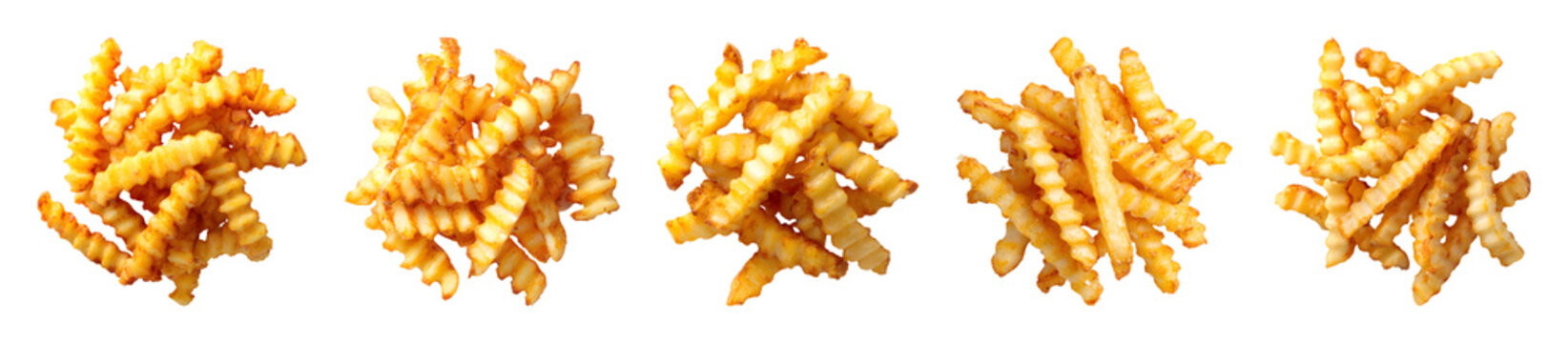 Crinkle cut french fries piles and portions for fast food design PNG set isolated on transparent background