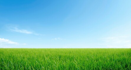Obraz premium Vibrant green grass surface against a tranquil clear blue sky backdrop with copy space