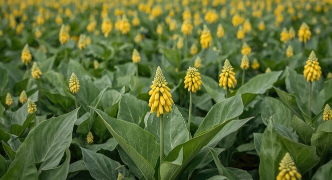 Field of Silphium perfoliatum cup plants exhibiting strong green leaves and bright yellow buds highlighting cultivation benefits