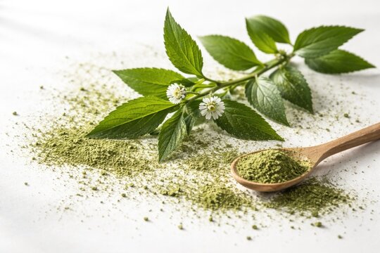 Green Leafy Branch with False Daisy Powder on White Background