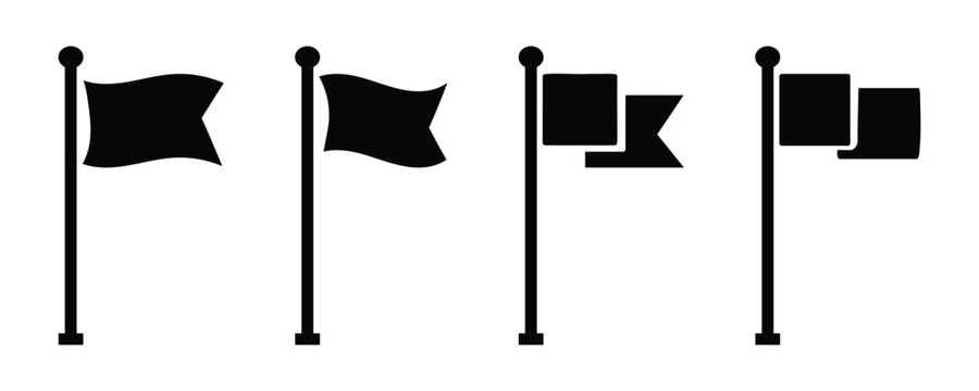 Diverse black flag and banner with various shapes, including wavy, triangular, swallowtail designs. Pennants waving flags and rectangles for marking locations map pointers and goal achievement. Eps 10