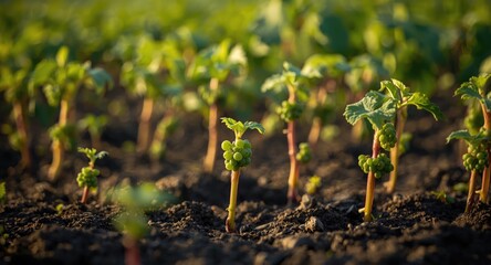 Fototapeta premium Young grape shoots and clusters on fresh grape seedlings grown via time tested agricultural methods