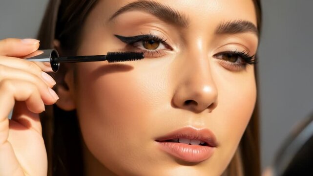 Close-up of a woman applying mascara to her eyelashes with a black wand.
