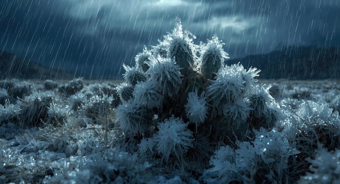 Frozen rainstorm covers resilient desert cactus in glistening ice