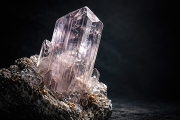 Fototapeta premium Close up of spodumene crystal mineral on dark background with space for text