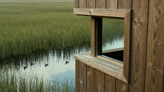 Wetland bird hide with wooden window, quiet nature observation scene
