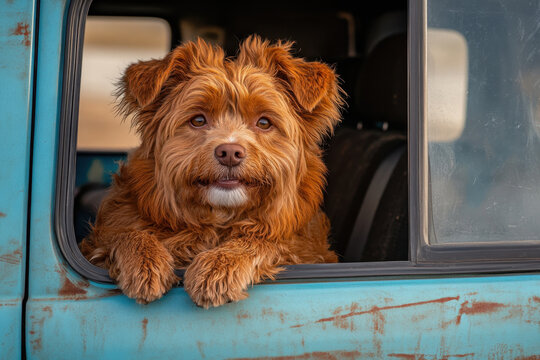 Curious dog brown dog fluffy dog scruffy dog pet vehicle car window road trip travel adventure dog gazes from old blue car window with fluffy paws resting door, warm fur glowing soft light
