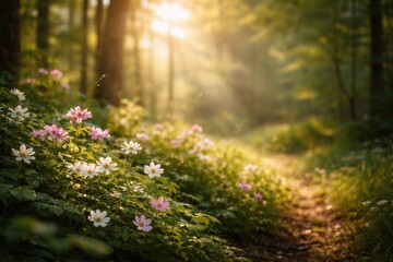 Fototapeta premium Sunlit Forest Pathway Lined with Colorful Flowers