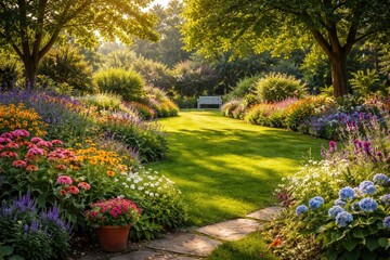 Fototapeta premium Sunny garden with lush green lawn and vibrant flowers