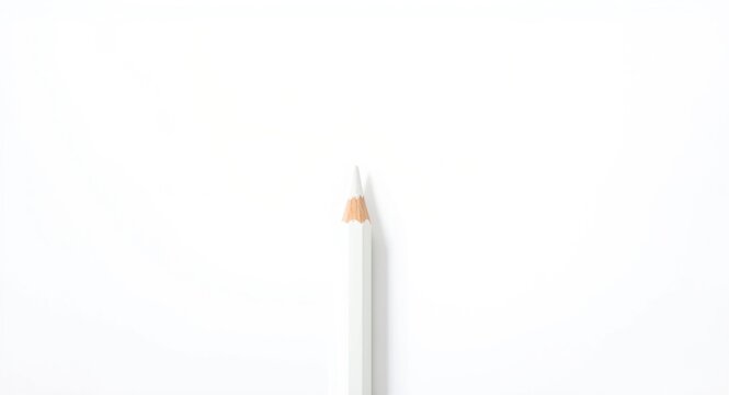 White pencil atop white background with soft daylight and copy space
