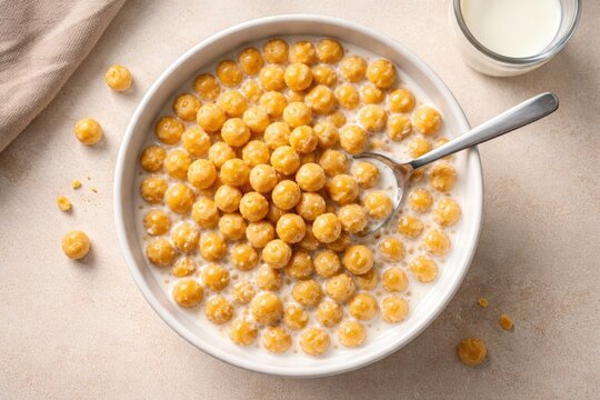 Top view of golden corn balls in milk on a simple plain surface