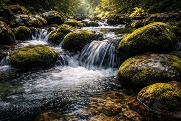 Fototapeta premium Freshwater flowing over mossy stones in a tranquil mountain stream