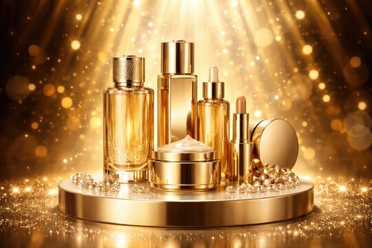 Luxury gold products showcased on an elegant blank podium with radiant lighting background