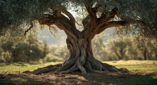 Old olive tree showing a rugged trunk with intricate twisted shapes
