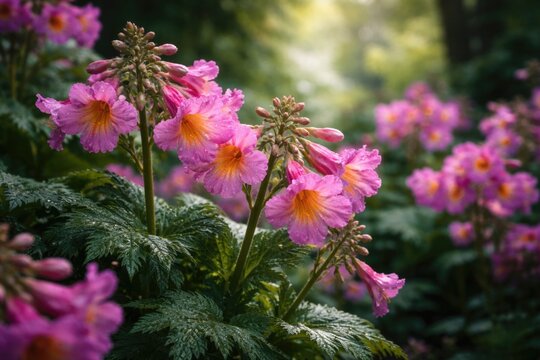 Close up view of Incarvillea Delavayi and hardy gloxinia flowers in a botanical garden setting