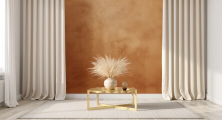 Obraz premium Stylish living room interior featuring dried grass brass table and curtains on warm wall mockup