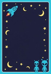 Naklejka premium 青いロケットと星と月で飾られた夜空のフレーム