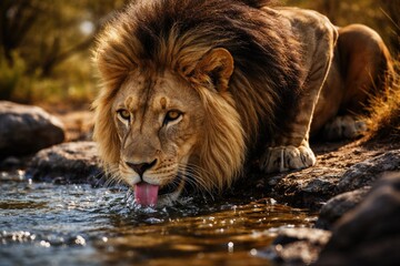 Obraz premium Majestic lion drinking sparkling water in natural habitat