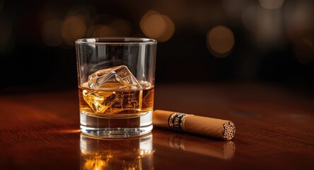Fototapeta premium Whiskey glass filled with ice and a lit cigar resting on a polished wooden table with a soft bokeh background symbolizing upscale relaxation