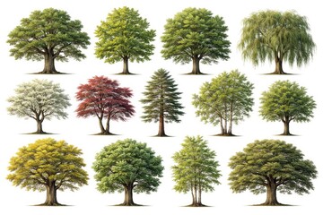 Obraz premium Collection of detailed individual trees with diverse leaves and bark textures on a plain white backdrop for botanical artwork