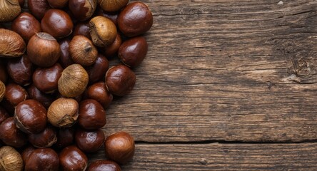 Obraz premium Top view of ripe sweet chestnuts on rustic wooden surface with copy space