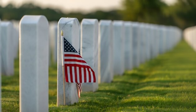 memorial day american flag placed on a marble headstone in a military cemetery