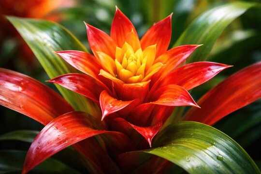 Close up vibrant Guzmania bromeliad with red and orange tropical foliage