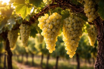 Fototapeta premium Fresh white grapes on vine ready for harvest in traditional vineyard