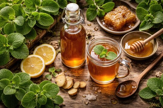 Top view of homemade herbal syrup with Plectranthus amboinicus for soothing cold relief