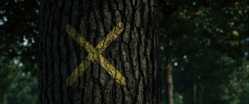 Tree with cross markings indicating sanitary harvesting close perspective