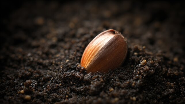 tenet. A single seed buried in dark, rich soil with subtle highlights. gardening catalogs, home-decor guides, designed for home decor and floral branding, used by operations managers.