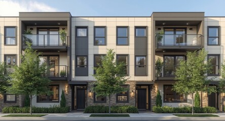 Obraz premium Facade of upscale residential apartments with contemporary geometric styling