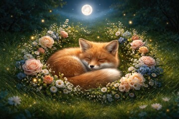 Obraz premium Charming fox curled in floral wreath on lush green grass under moonlit night for whimsical baby card