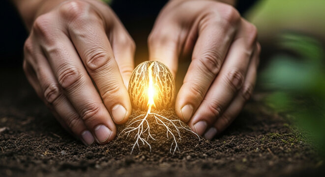 Hands gently cradling a glowing seed with roots growing in soil