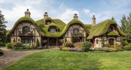 Fototapeta premium Storybook style homes featuring curved archways and living grass roofs