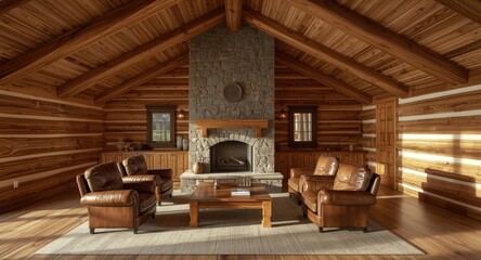 Obraz premium Traditional log cabin living room with distinctive wood ceiling and copyspace for text