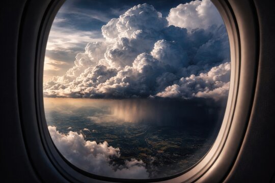 Aerial View of Dark Cumulus Clouds Before Rainstorm from Airplane Window