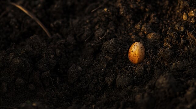 tenet. A single seed buried in dark, rich soil with subtle highlights. gardening catalogs, home-decor guides, designed for home decor and floral branding, used by operations managers.