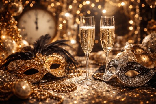 Festive New Years party scene with elegant masks and sparkling champagne glasses
