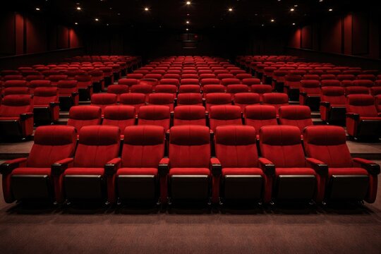 Empty red cinema seats with spacious layout for streaming service branding