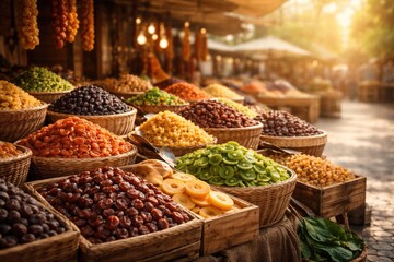 Obraz premium Dried fruit market scene with copy space for text