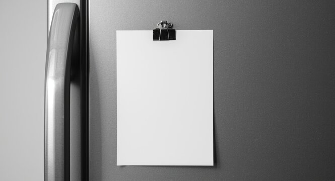 Magnetically clipped blank paper on fridge door for jotting down notes