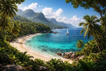 Fototapeta premium Tropical island paradise featuring lush greenery and pristine beaches