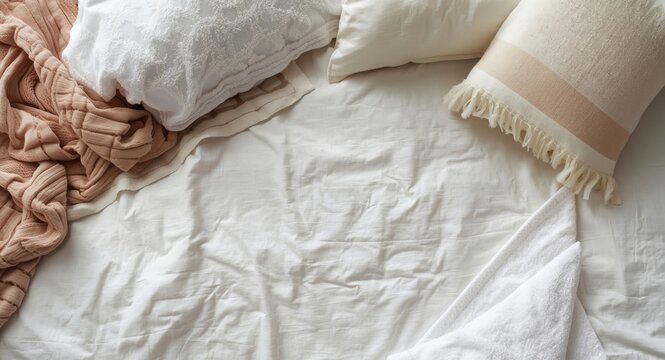 Top down view of a crumpled bedding set including blanket, pillows, and white towel
